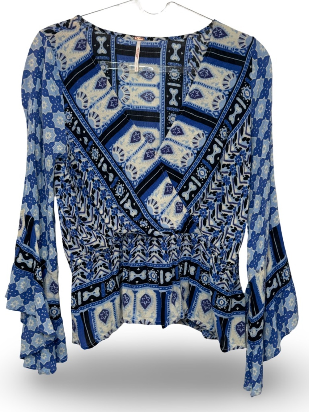 Free People Blue and White Boho V-Neck Printed Flowy bell sleeve blouse